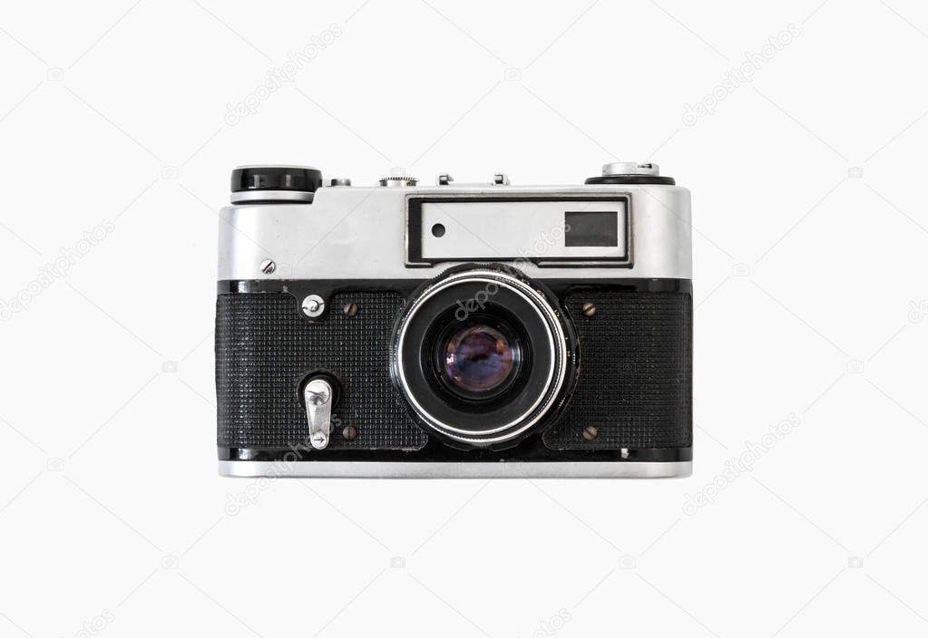 Old film camera. White background close-up. Vintage photo