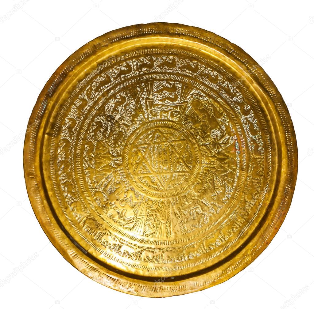 Ancient bronze tray. Jewish culture, the people. Handmade, chasi