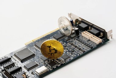 Bir elektronik Pano fişleri ile arka plan üzerinde bit-para sikke.