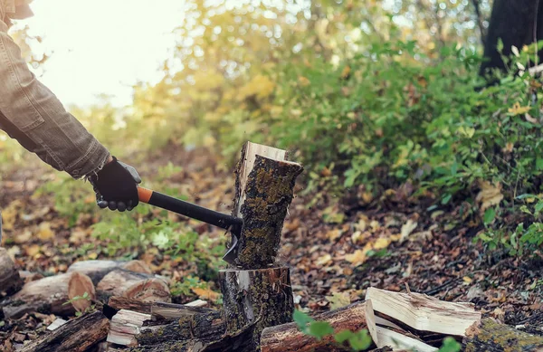 El hombre corta un tronco con un hacha industrial. Partes del árbol vuelan aparte. Un hombre fuerte sostiene un hacha en sus manos sobre un fondo de bosque, leña. Un leñador con un hacha en la mano —  Fotos de Stock