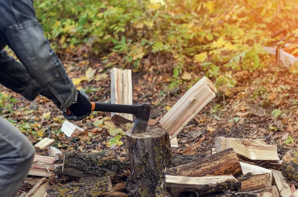 El hombre tiene un hacha industrial. El hacha está en las manos. Un hombre fuerte sostiene un hacha en sus manos sobre un fondo de bosque, leña. Un leñador con un hacha en la mano —  Fotos de Stock