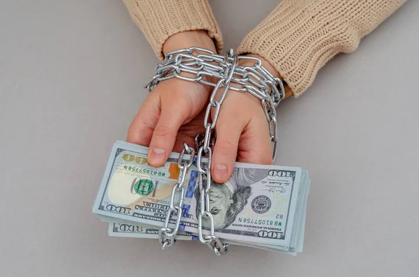 Woman Hands Steel Chains Hold Paper Dollars — Stock Photo, Image