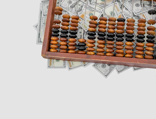 Gamla Trä Abacus Papper Amerikanska Dollar Bakgrund Bokföring Vinst Affärsidé — Stockfoto