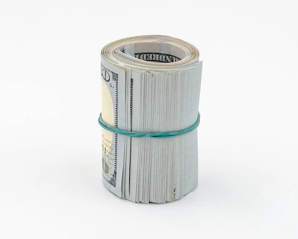 Stos Amerykańskich Dolarów Związany Gumką Pieniądze — Zdjęcie stockowe