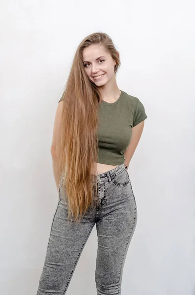 Nice Girl Long Hair Looks Thoughtfully Left — Stock Photo, Image