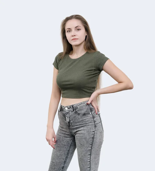 Linda Chica Con Hermosos Pechos Camiseta Verde Posando Cámara Retrato —  Fotos de Stock