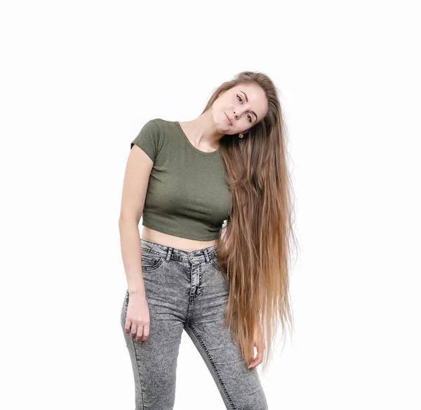 Menina Agradável Com Seios Bonitos Camiseta Verde Posando Câmera Retrato — Fotografia de Stock
