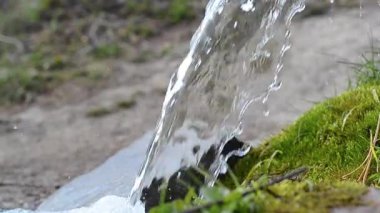 Yeşil yosun arkaplanından akan saf su akıntısı