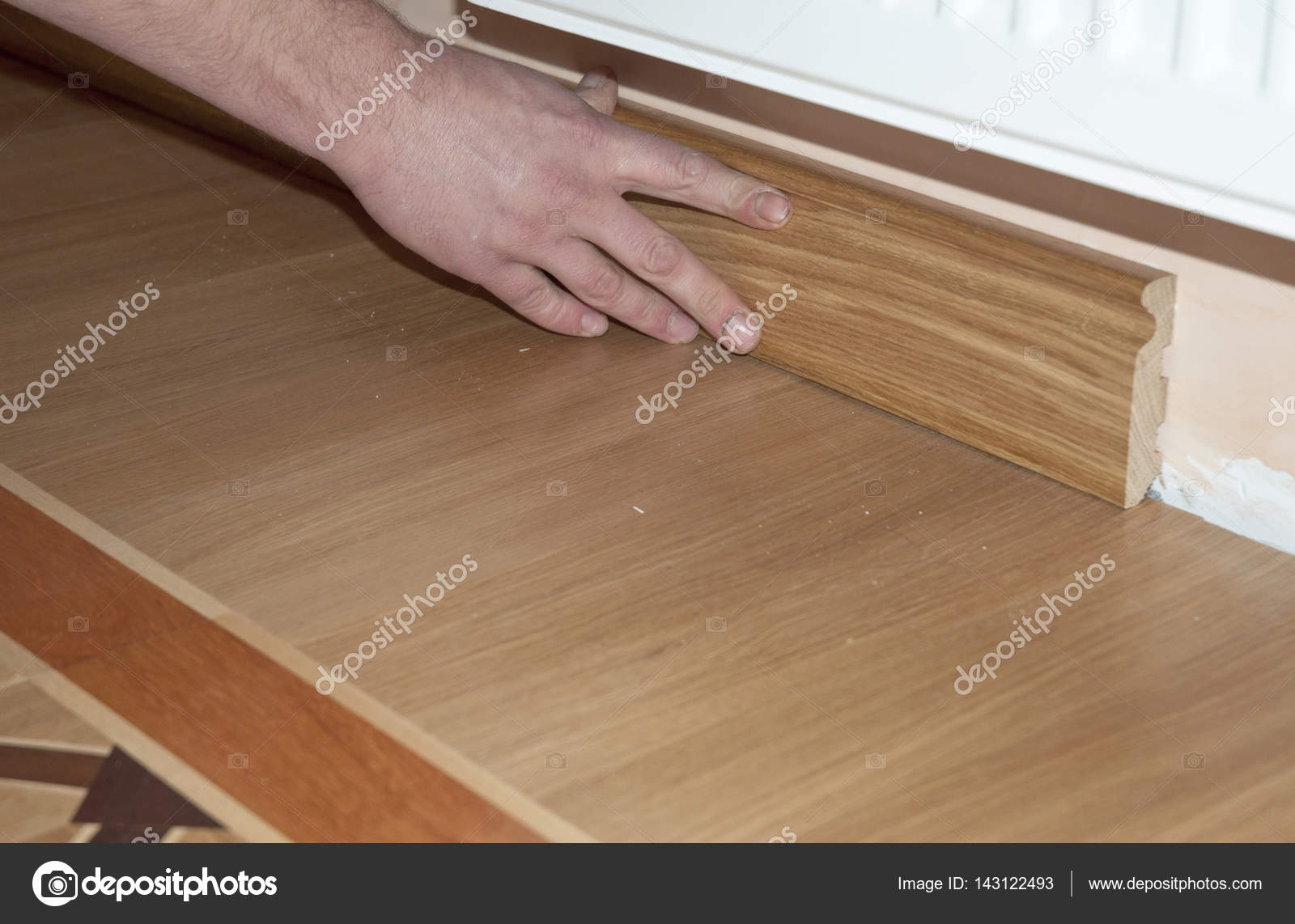 Skirting Board Architrave Repairman S Hands Installing Skirting