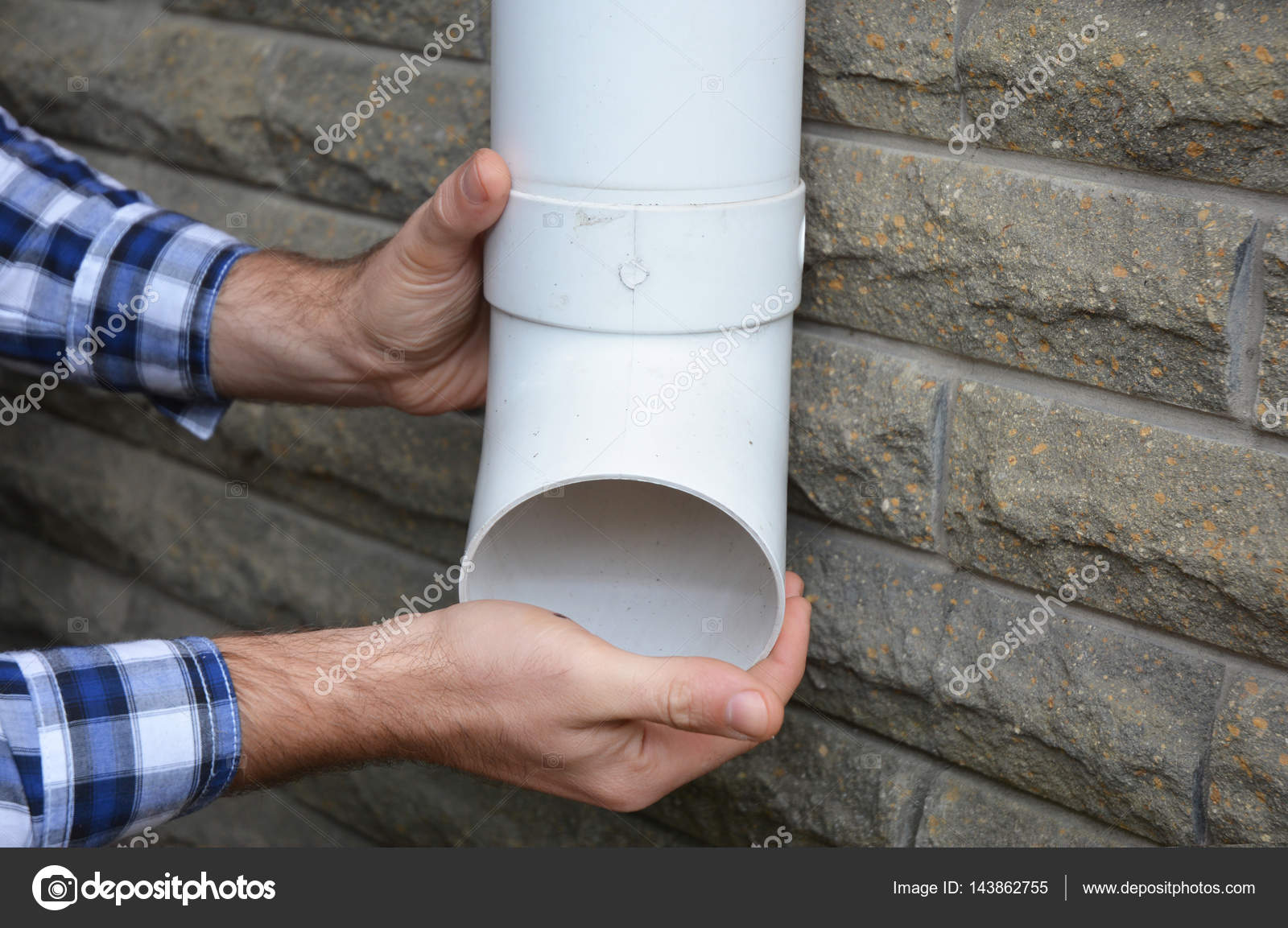 Rain Gutter Downspouts & Downpipes Installation with Contractor Hands