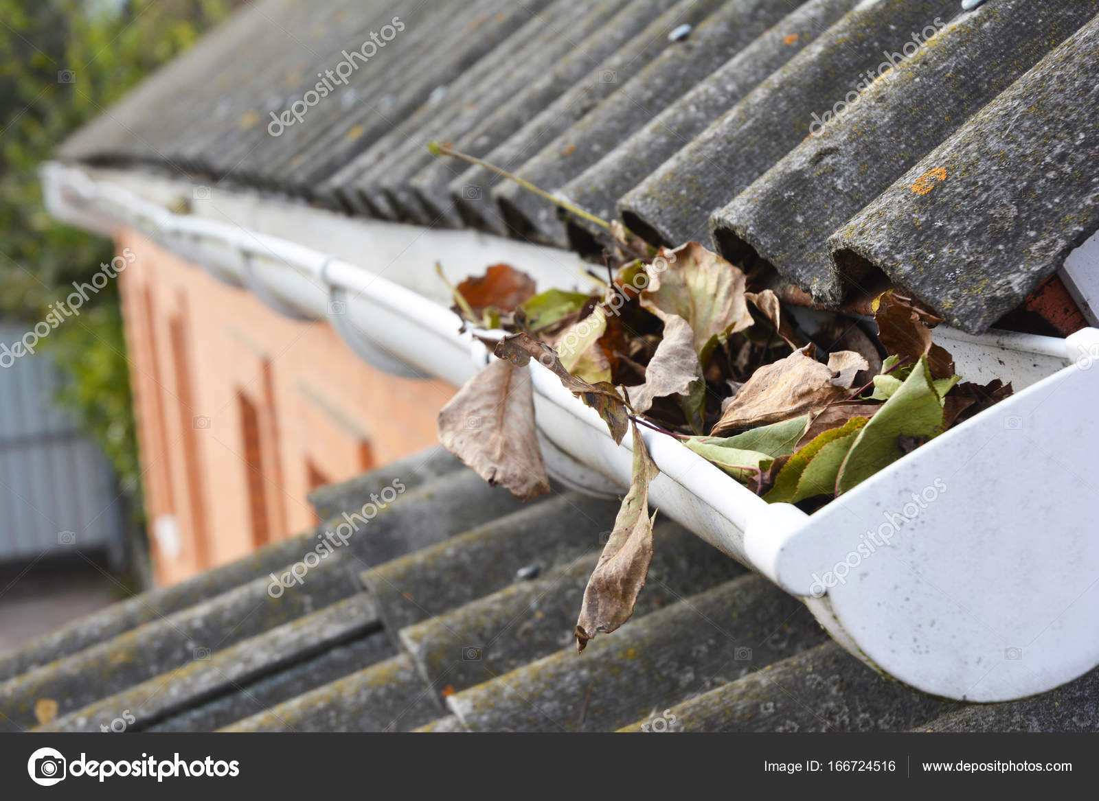 Rain Gutters Cleaning from Leaves. Guttering works. — Stock Photo © thefutureis 166724516