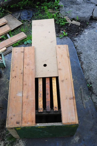 Imker bauen Holzfallen für Wildbienen oder für Schwarmbienen. Honigbienen fangen einen Schwarm ein und installieren ihn in einem Bienenstock. — Stockfoto