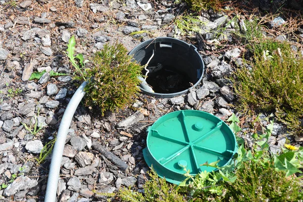 Mangueira de água. Fechar em um aspersor anexado a uma mangueira regando o quintal de grama. Detalhe do sistema de irrigação do jardim para regar o gramado . — Fotografia de Stock