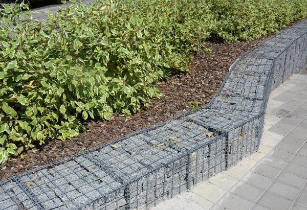 Modern Gabion çit tel içinde taş olan kafes. Doğal Taşlar ve çalılar ile eskrim gabion tel örgü.