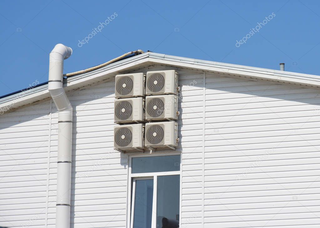 Air duct and ventilation system. House with air conditioner compressor.