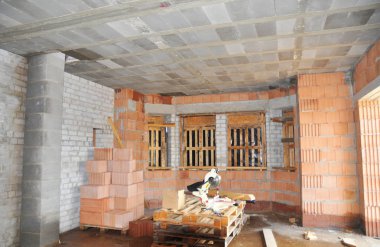 Flooring with girder-slabs types of ceiling.  Close up on monolithic-prefabricated ceilings consist of reinforced concrete beams truss, blocks, slabs of concrete overlay.