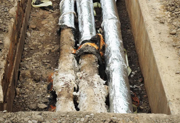 Repair Insulation Replacement City Sewer Street Pipes Water Earthen Trench — Stock Photo, Image