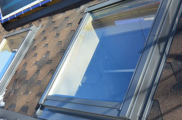 Attic Skylight Roof Windows Asphalt Shingles House Roof — Stock Photo, Image