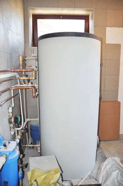 Installing Solar Water Tank Boiler Room Solar Water Heating System — Stock Photo, Image