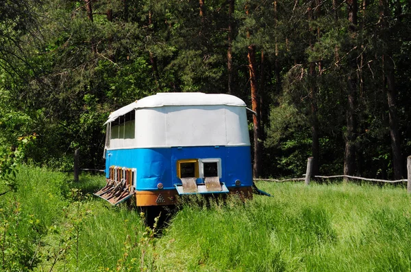 Gamla färgglada buss med färgglada bikupa paneler. Naturlig biodling med bikupor Transport i skogen Linden. — Stockfoto