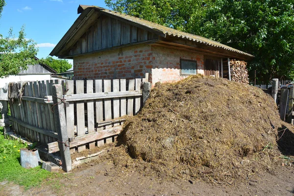 Stack of fertilizer from cow manure and straw in countryside farm. Composting Manure for organic gardening and farming.