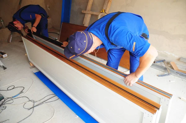 Kyiv Ukraine May 2018 Garage Door Repair Contractor Installing Garage — Stock Photo, Image