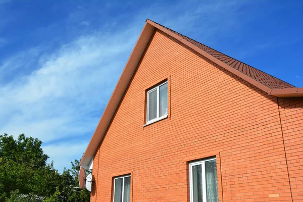 Moderna Construcción Casa Ladrillo Rojo Casa Ladrillo Fachada Edificio Con — Foto de Stock