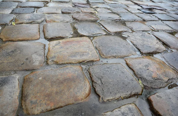 Antiguo pavimento de adoquines europeos húmedos después de la lluvia de fondo texturizado —  Fotos de Stock