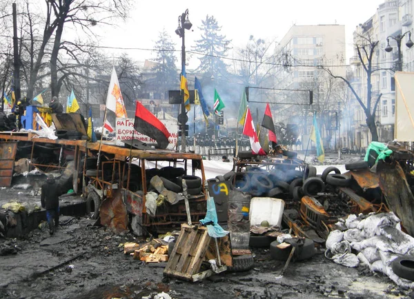  Protestocu, toplum polisini durdurmak için Meydan barikatlarında lastik ve molotof kuyruk yakıyor. Ukrayna, Kyiv 'de sokak kavgaları.