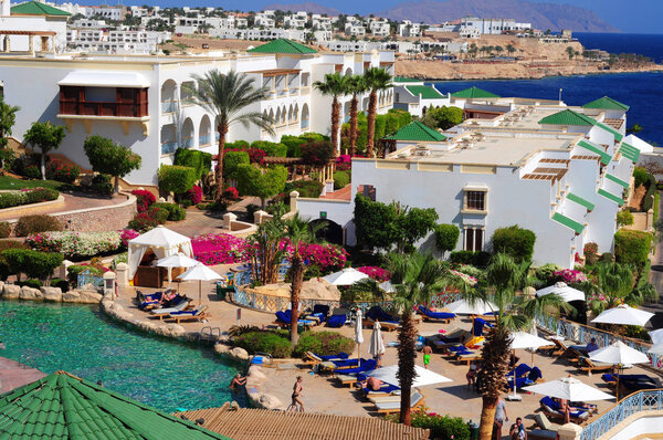SHARM EL SHEIKH, EGYPT - NOVEMBER 18, 2019: The tourists are on vacation at popular hotel resort on November 18, 2019 in Sharm el Sheikh, Egypt
.
