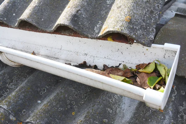 Regengoten schoonmaken van bladeren. Dakgoot schoonmaak tips. Reiniging van de goot. — Stockfoto