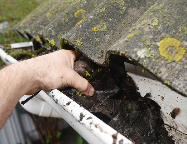 Roofer Cleaning Rain Gutter from Leaves. Roof Gutter Cleaning.Gutter Cleaning. — Stock Photo, Image