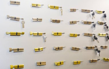 Kyiv, Ukrayna - 5 Şubat 2020: Avro profili kilitleri, silindir kilidin bir örneği. Satılık pin tetik kilitleri.