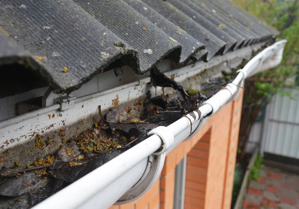 Asbest Hausdächer Vinyl-Regenrinne mit abgefallenen Blättern und Schmutz. Dachrinnenreinigung. — Stockfoto