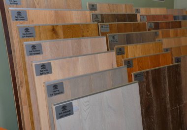 KYIV, UKRAINE - February, 12, 2020: Market showroom with different oak floor boards for sale
