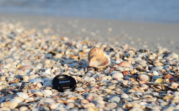 KYIV, UKRAINE - MARCH, 30, 2020: Nikon Snap-On Front Lens Cap is lying on the seashore sorrounded with large and small multi-coloured seashells, warm sand and blue water of the sea. — Stock Image Kyiv Ukraine March 2020 Nikon Snap Front Lens Cap Lying Stock Image