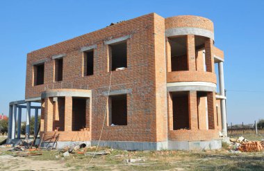 Lüks tuğla ev, yarı dairesel şekilli villa bina kış bahçesi, inşaat halindeki cam yeşil ev..