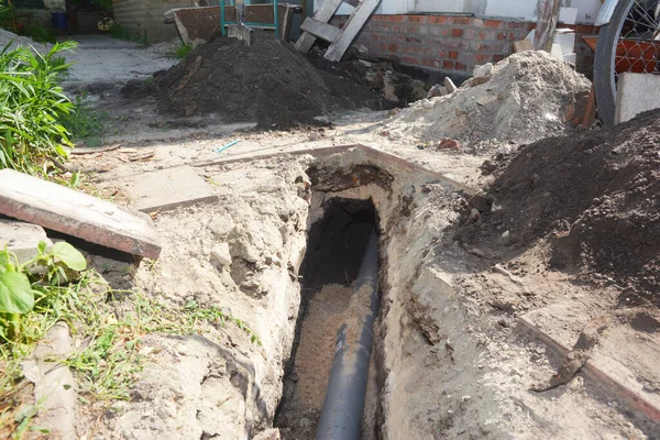 Digging Trench Main Drain Pipe Sewer Line Sewer Septic Tank — Stock Photo, Image