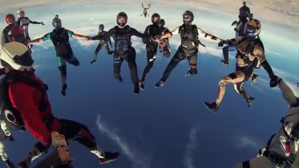 Ravenna, Italien - 2 juni 2014: Många fallskärmshoppare håller händerna i blå himmel. Extrem sport. Bildning. Stunts. — Stockvideo