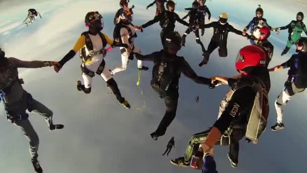 RAVENNA, ITALY - JUNE 2, 2014: Many skydivers make formation in blue sky. Extreme. Open parachute. Stunts. — Stock Video