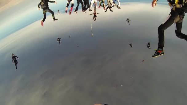 RAVENNA, ITALIE - 2 JUIN 2014 : De nombreux parachutistes tiennent la main dans un ciel nuageux. Le sport extrême. Des cascades. Chute . — Video