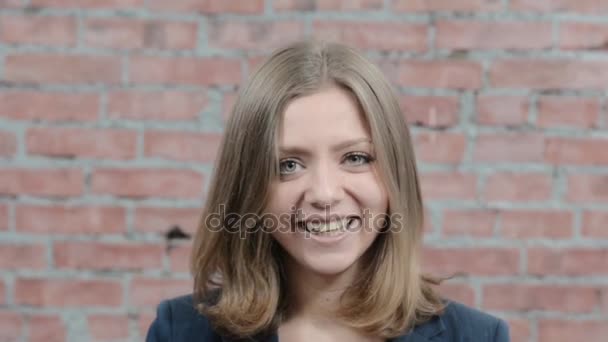 Portrait Of Young Blonde Girl Smile In Camera Touch Hair Casting