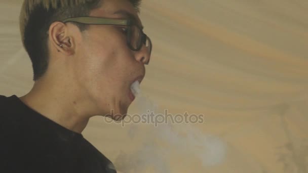 Asijský mladík v kruzích páru vydechovat brýle z elektronické cigarety. Vaper — Stock video