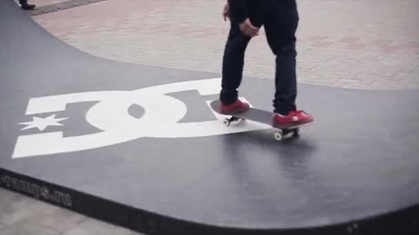 SOCHI, RUSSIA - APRIL 4, 2016: Skateboarder ride on springboard on street in city. Skatepark. People. Sport — Stock Video