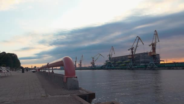 Cargo port at seafront. River. Cranes. Containers. Summer evening. Nobody. — Stock Video