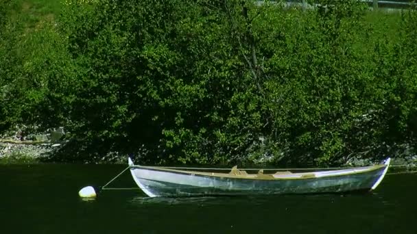 Vy över tomma träbåt våg på vattnet i floden. Gröna träd vid kusten. Solig sommardag. Ingen — Stockvideo