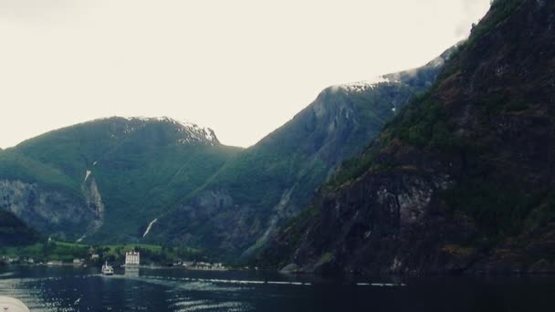 Huge mountains covered by green forest at river. Ship float the river. Nature. Landscape. Seagulls — Stock Video