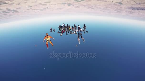 ARIZONA, USA - JULY 5, 2015: Professional skydivers make formation in blue sky. Sunny day. Extreme sport — Stock Video