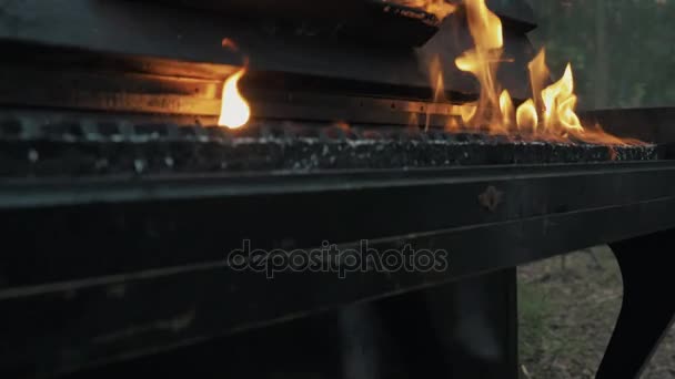 Lento primer plano llamas ardiendo teclas de piano en el bosque — Vídeos de Stock