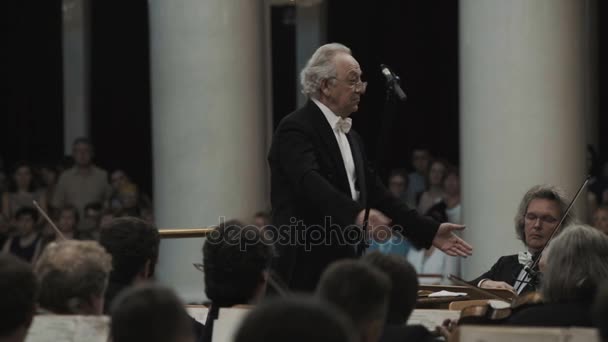 SAINT PETERSBURG, RÚSSIA - JUNHO 23, 2016: Kapellmeister de cabelos prateados liderando orquestra de cordas na clássica sala de concertos — Vídeo de Stock